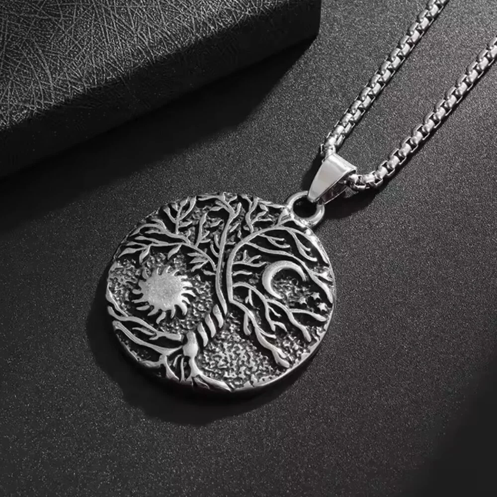 Boho Stainless Steel Tree of Life Pendant Necklace - Sun & Moon Design #1525 - Picture 5 of 5